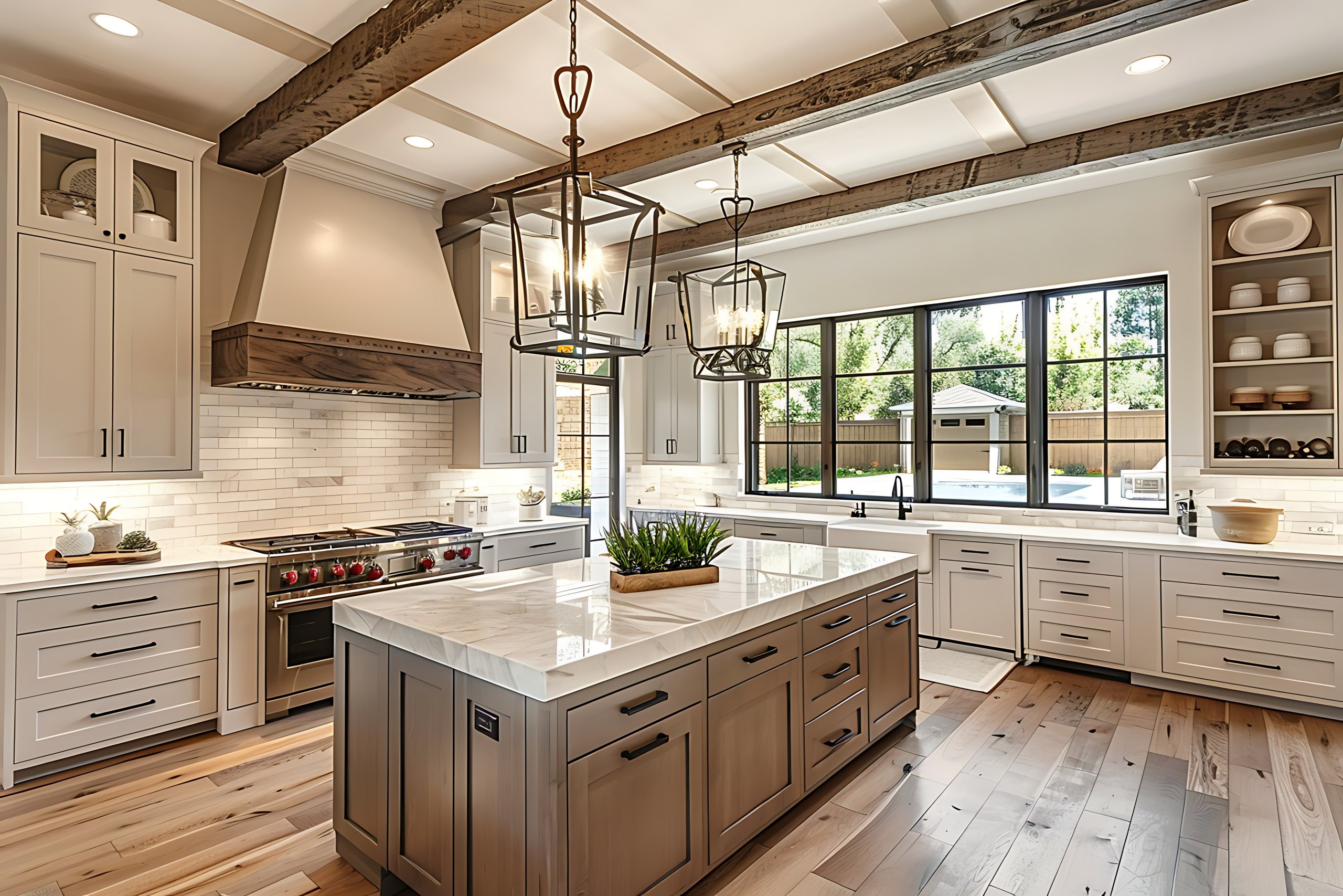 traditional kitchen in beautiful new luxury home with hardwood floors wood beams and large island quartz counters includes farmhouse sink elegant pendant lights and large windows Free standing tub luxury bathroom ideas