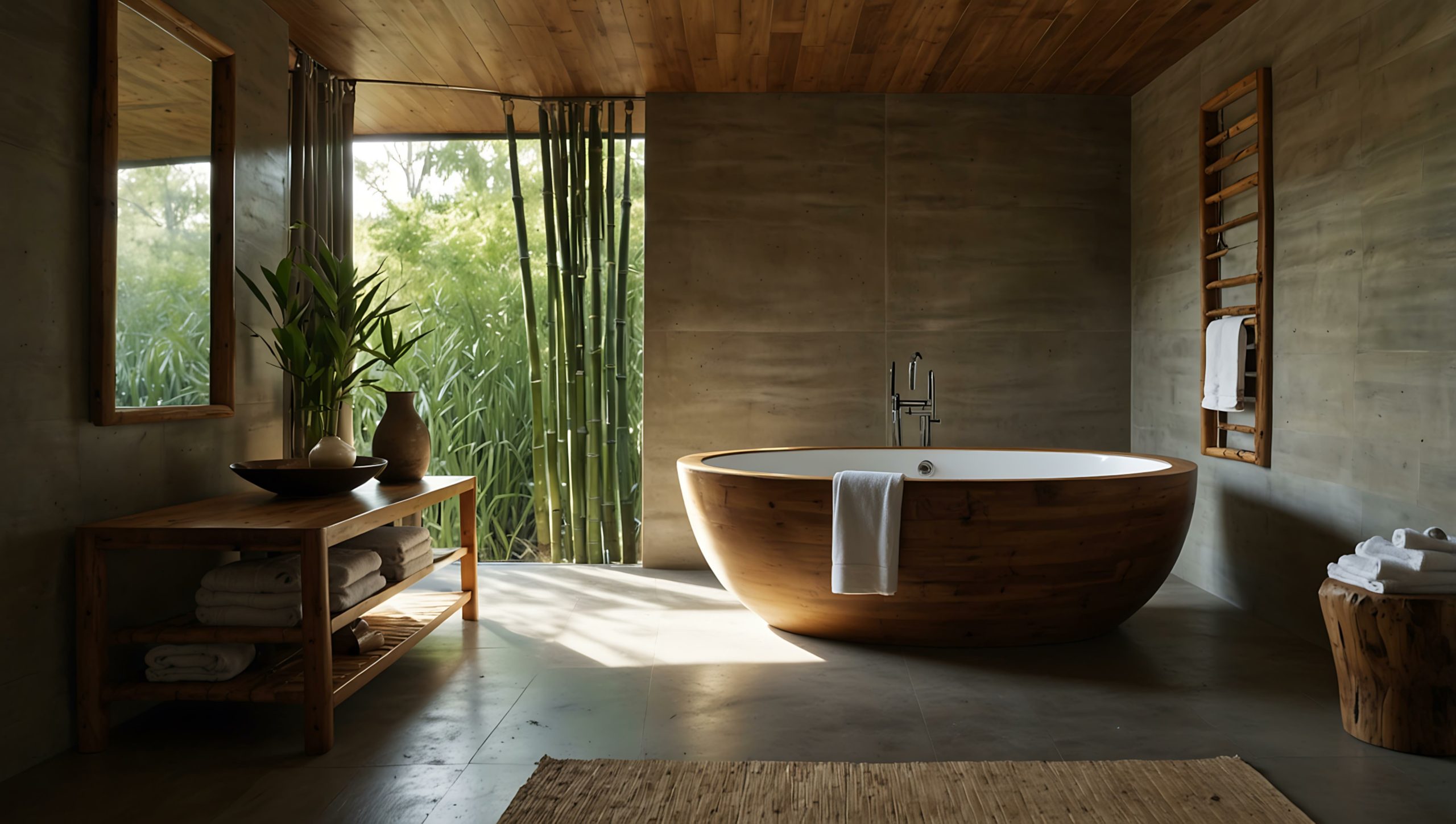 zen inspired bathroom with a wooden soaking tub and bamboo accents Free standing tub luxury bathroom ideas
