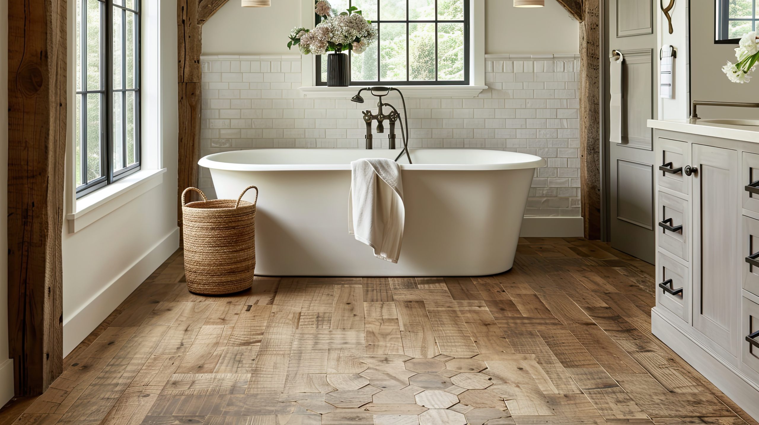 a modern bathroom features a white freestanding tub wood trim and a window Bathroom fixtures luxury bathroom ideas