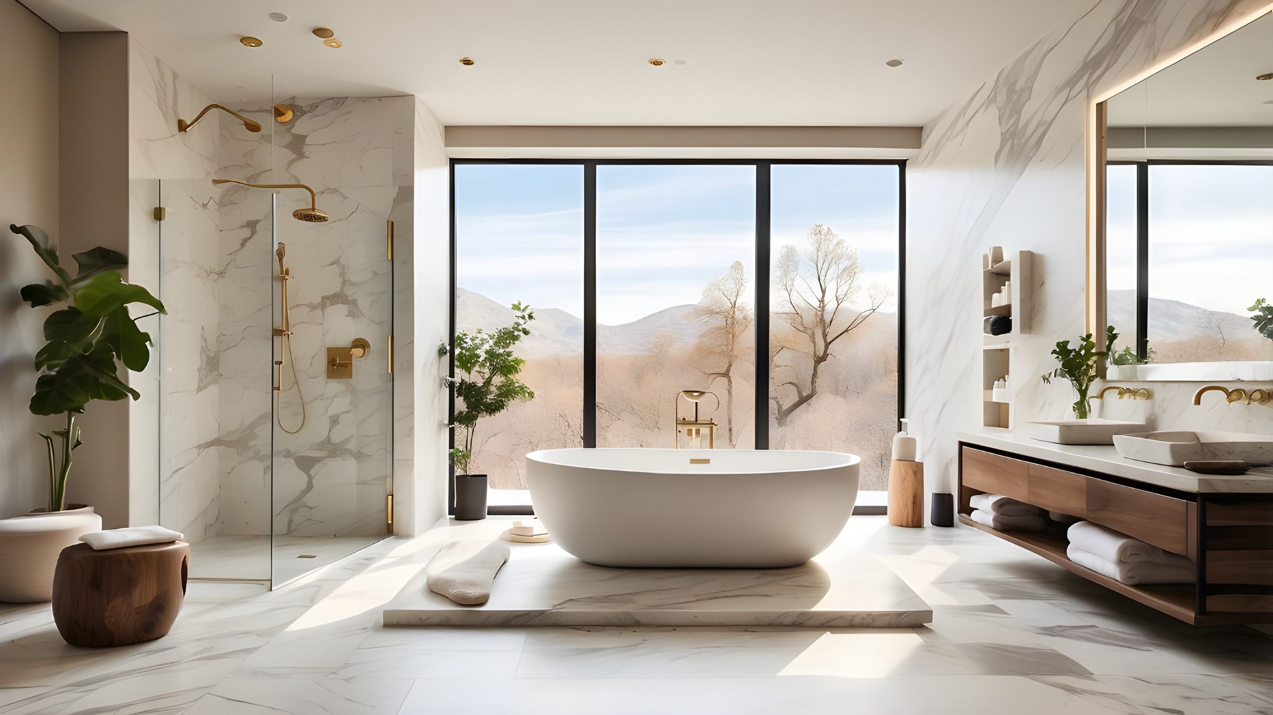 a luxury bathroom with a large walk in shower a soaking tub and a marble vanity Steam shower luxury bathroom ideas